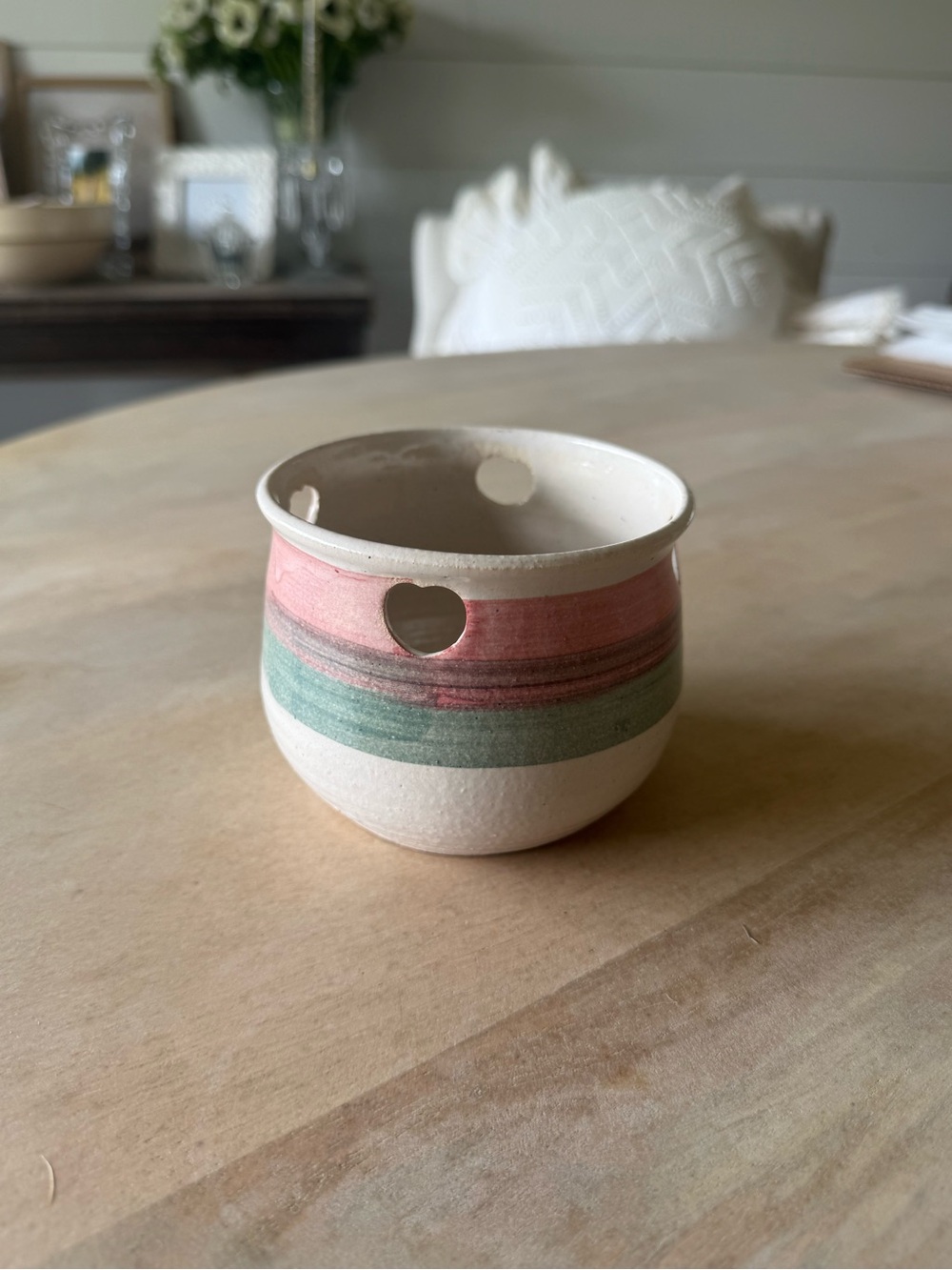 Striped Ceramic Planter, Candle Holder, Garlic Keeper with Heart Cutouts